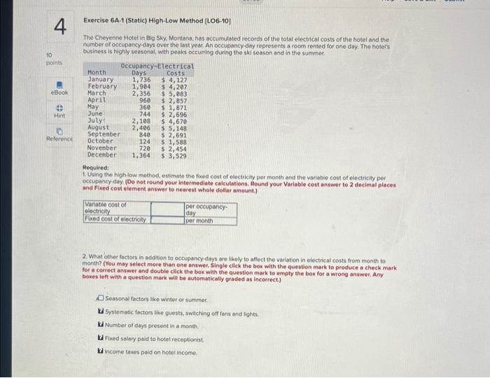#4 need help with all Exercise 6A-1 (Static) High-Low Method [LO6-10] The