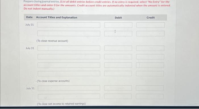 Club Inc. for the month ended July 31 shows Service Revenue $16,010,