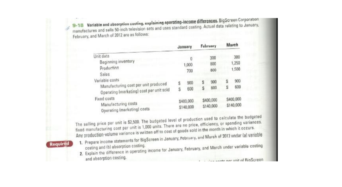 9-18 Variable and absorption costing, explaining operating-income differences, BigScreen Corporabon manufactures