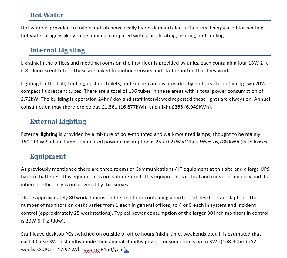 Using provided data, provide a report that identifies the energy improvement opportunities.