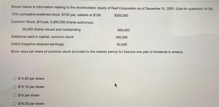 Please Help! Thank you! Shown below is information relating to the stockholders'