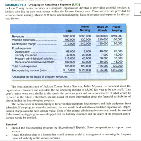  EXERCISE 10-2 Dropping or Retaining a Segment [LO2] Jackson County Senior