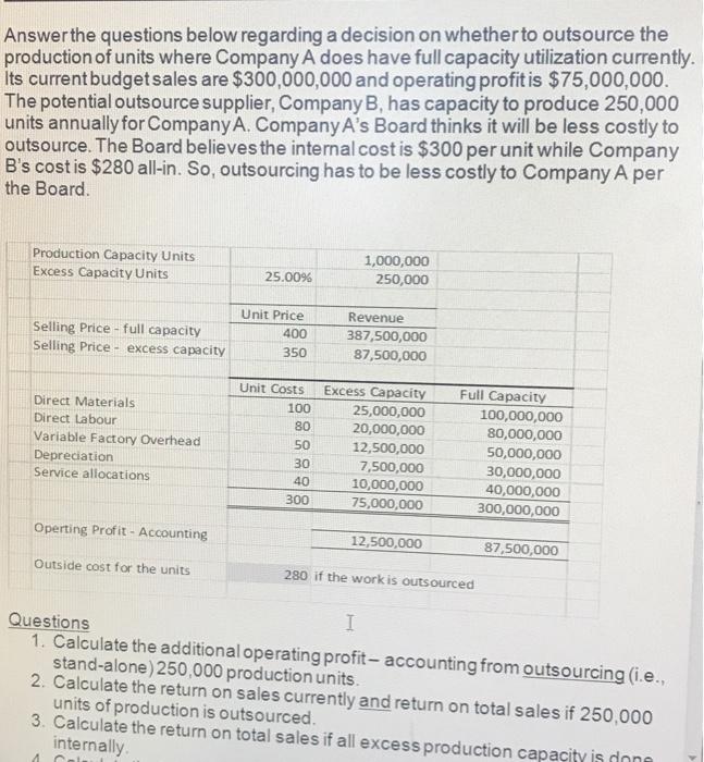  Answer the questions below regarding a decision on whether to outsource