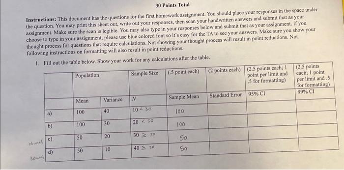 Please show work! 30 Points Total Instructions: This document has the questions