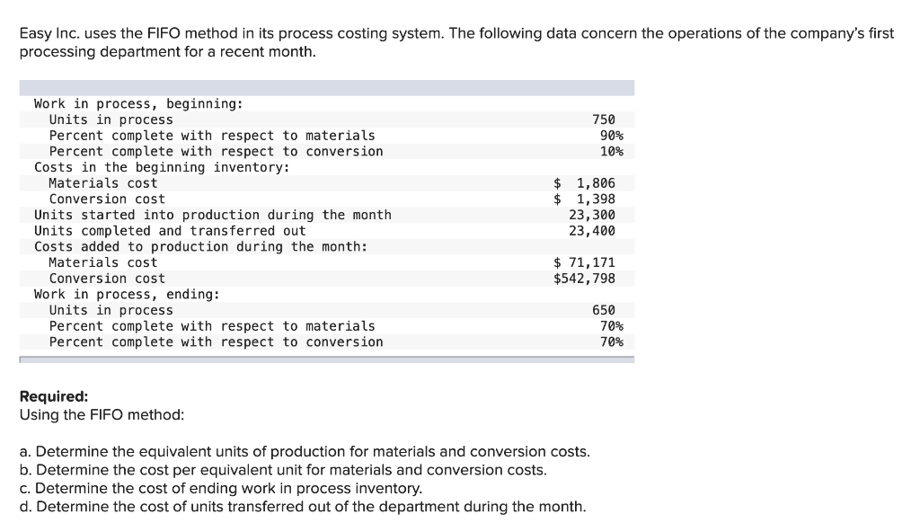  Easy Inc. uses the FIFO method in its process costing system.