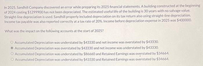  In 2025, Sandhill Company discovered an error while preparing its 2025