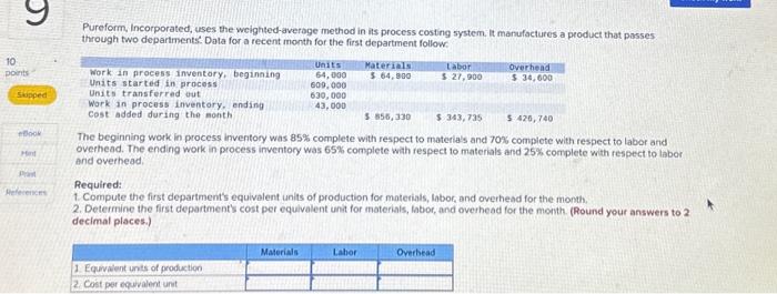  Pureform, Incorporated, uses the weighted-average method in its process costing system.