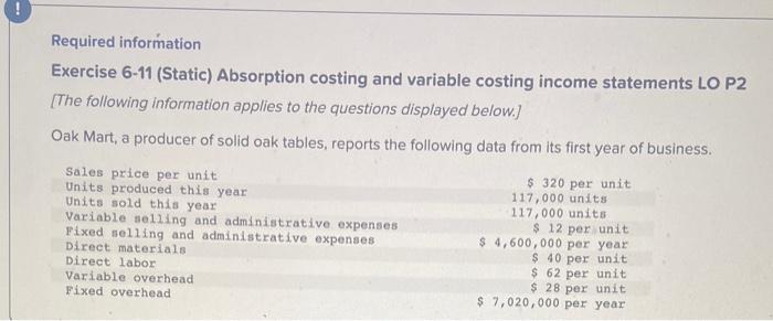  Required information Exercise 6-11 (Static) Absorption costing and variable costing income