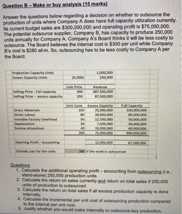  Question B - Make or buy analysis (15 marks) Answer the