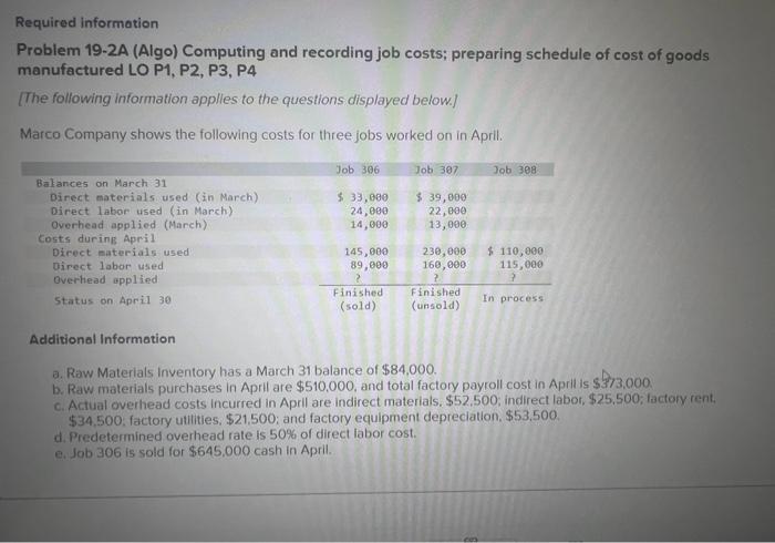  Required information Problem 19-2A (Algo) Computing and recording job costs; preparing