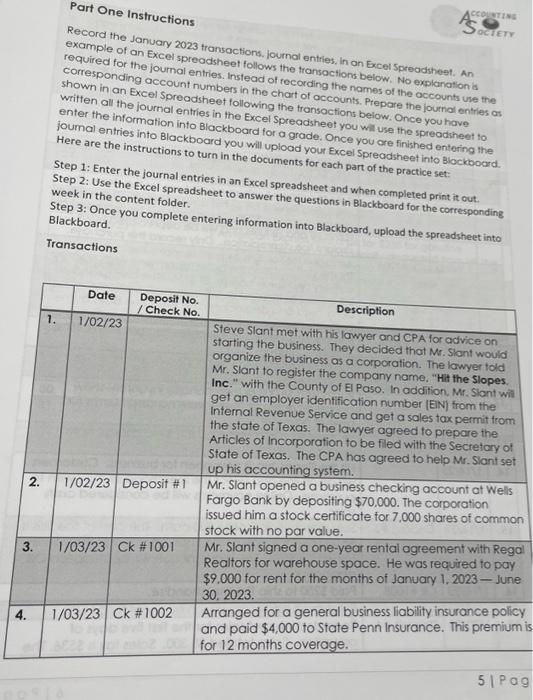 please help with these journal entries Part One Instructions Record the Janvary