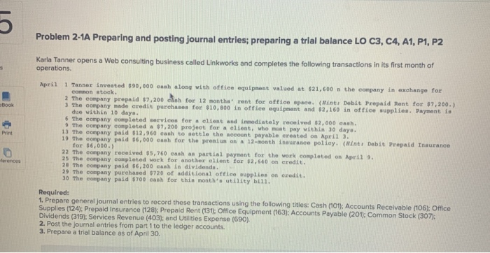  5 Problem 2-1A Preparing and posting journal entries; preparing a trial
