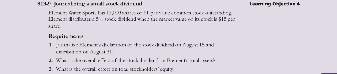  S13-9 Journalizing a small stock dividend Learning Objective 4 Element Water