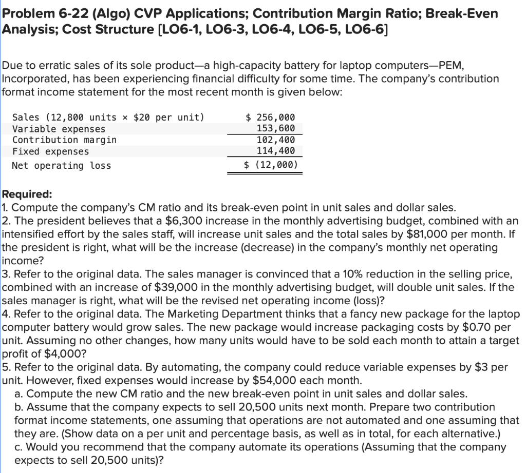  Problem 6-22 (Algo) CVP Applications; Contribution Margin Ratio; Break-Even Analysis; Cost
