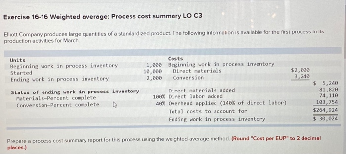  Exercise 16-16 Weighted average: Process cost summary LO C3 Elliott Company