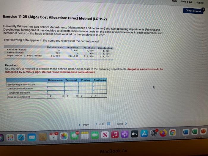  Help Save & Eat Submit Check my work Exercise 11-29 (Algo)