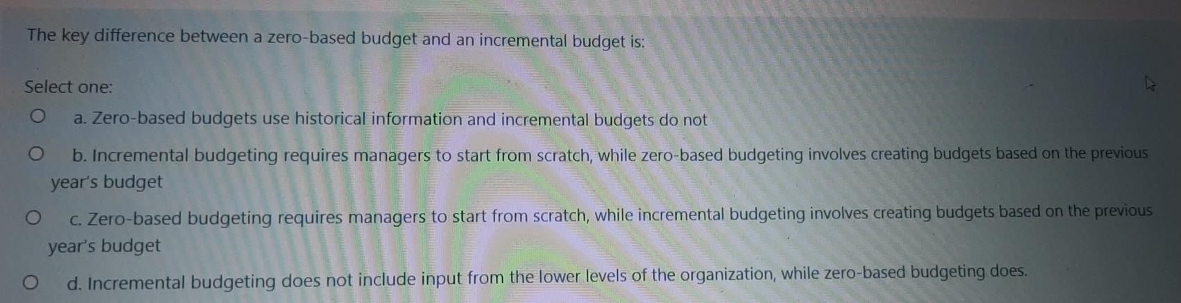The key difference between a zero-based budget and an incremental budget