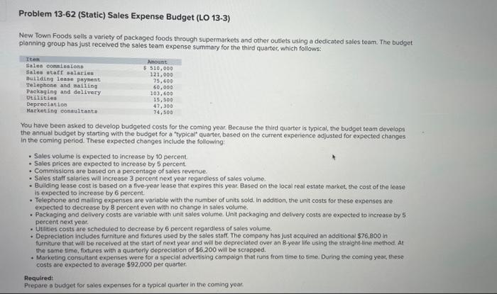  Can I get HELP Please Problem 13-62 (Static) Sales Expense Budget