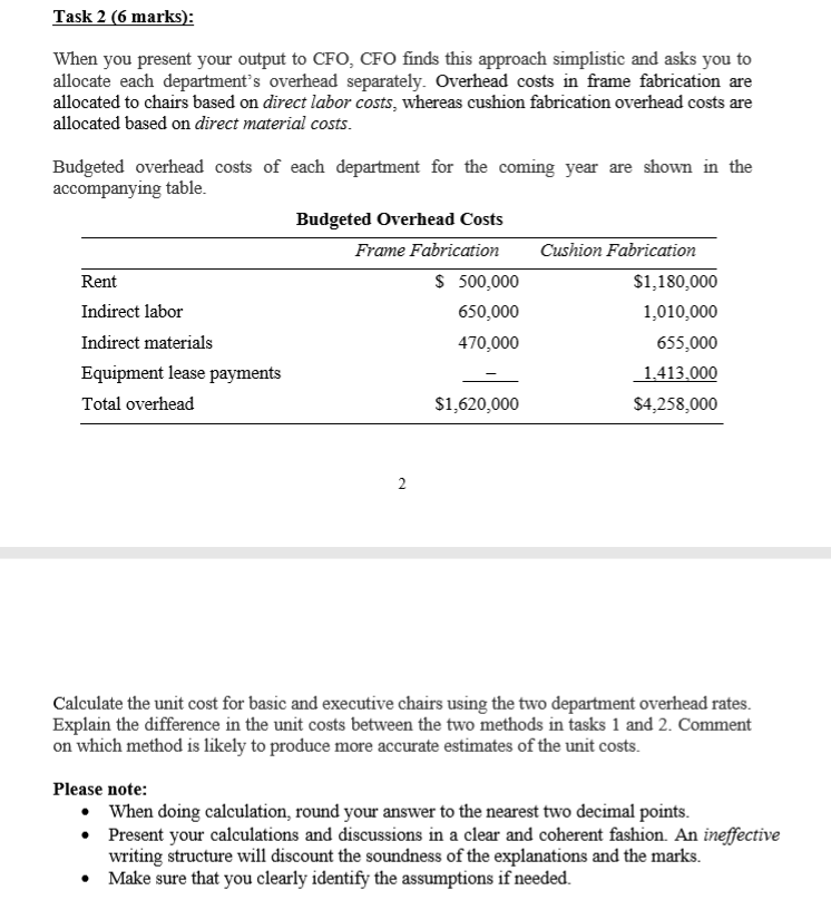 Task 2 (6 marks): When you present your output to CFO,