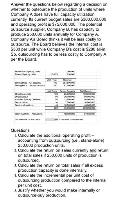  Answer the questions below regarding a decision on whether to outsource