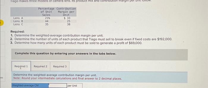  Required: 1. Determine the weighted-average contribution margin per unit. 2. Determine