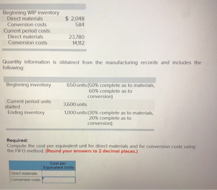  $ 2,048 584 Beginning WIP inventory Direct materials Conversion costs Current