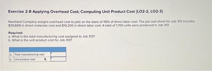  Exercise 2-8 Applying Overhead Cost; Computing Unit Product Cost [LO2-2, LO2-3]