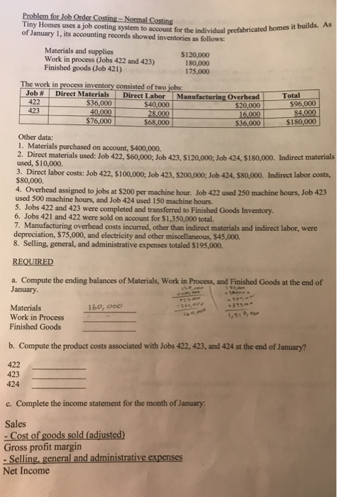  Problem for Job Order Costing Tiny Homes uses a job costing