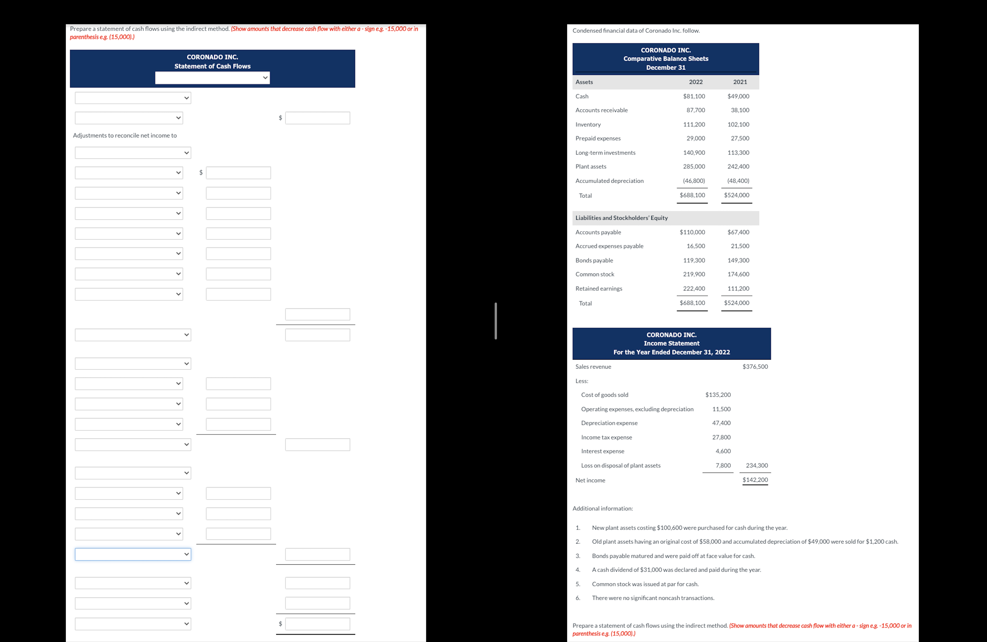  Prepare a statement of cash flows using the indirect method. (Show