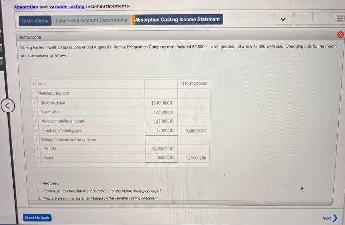  Absorption and variable costing income statements Instructions Labels and Amount Descriptions
