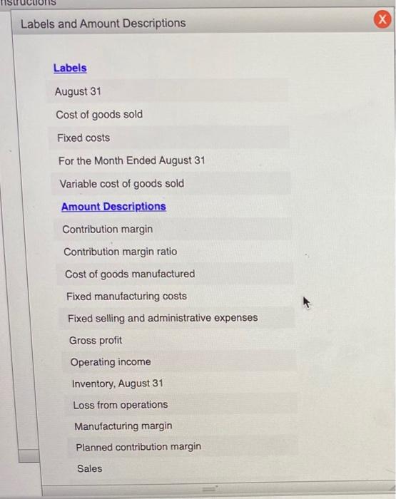 Absorption Costing Income Statement III > Instructions During the first month of