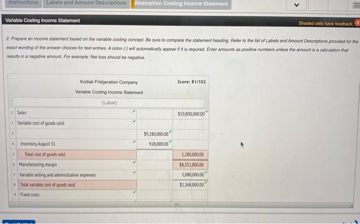 follows: 1 Sales $10800,000.00 Manufacturing costs Direct materials $6,400,000.00 100,000.00 . Direct