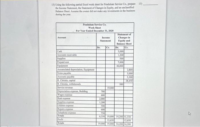  15) Using the follosing partial Excel work sheet for Pendulum Service