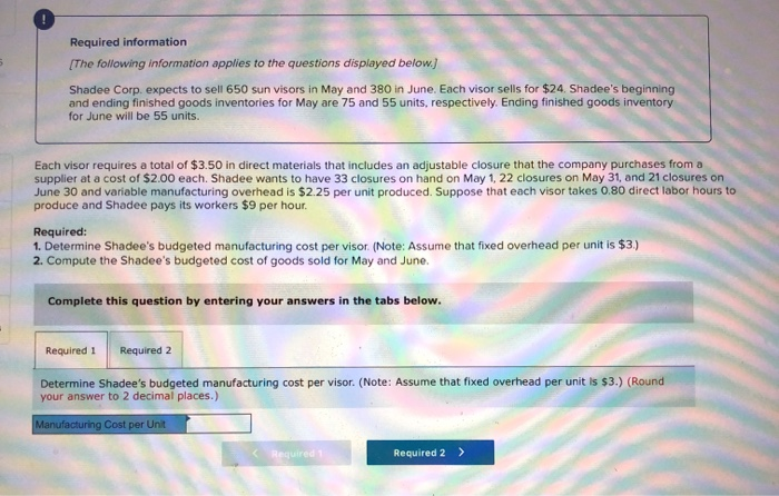 displayed below) Shadee Corp. expects to sell 650 sun visors in May