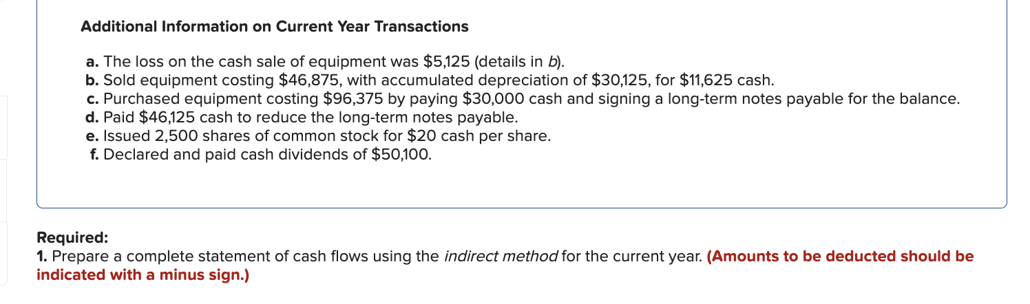 Transactions a. The loss on the cash sale of equipment was $5,125