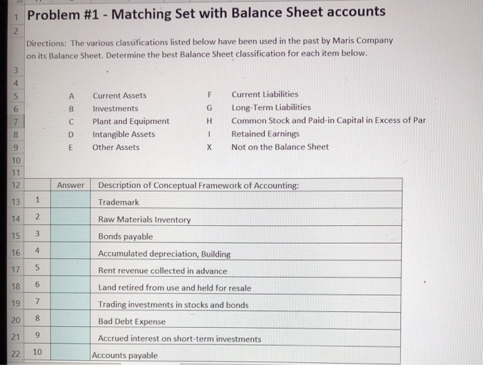 Help please 1 Problem #1-Matching Set with Balance Sheet accounts Directions: The