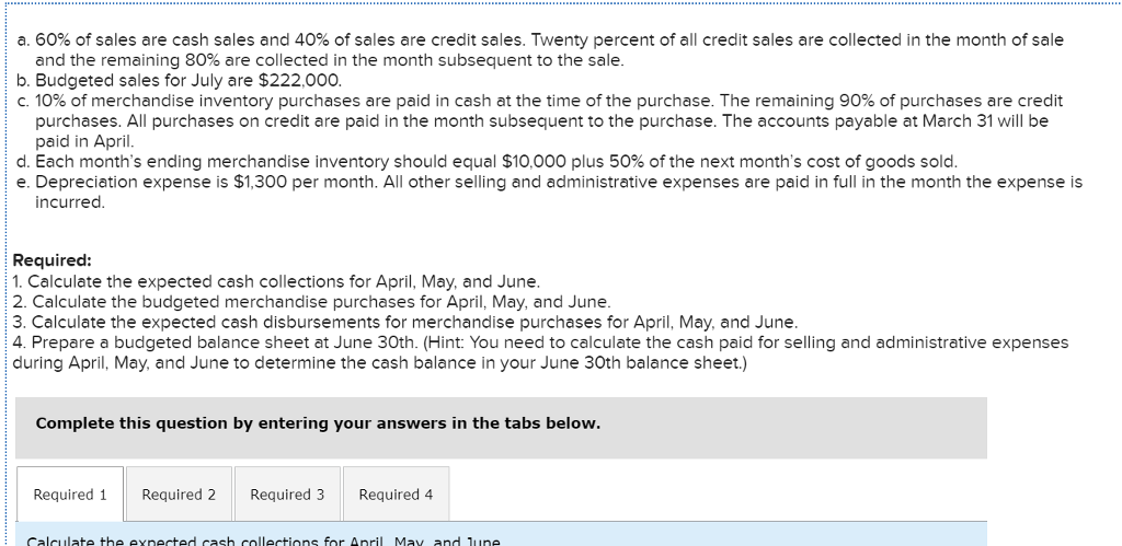 3 Required 4 Calculate the budgeted merchandise purchases for April, May, and
