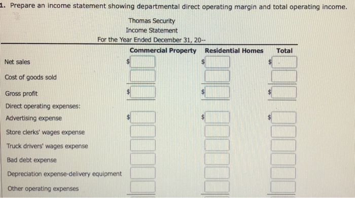 operating income. 2. Calculate departmental direct operating margin percentages. If required, round