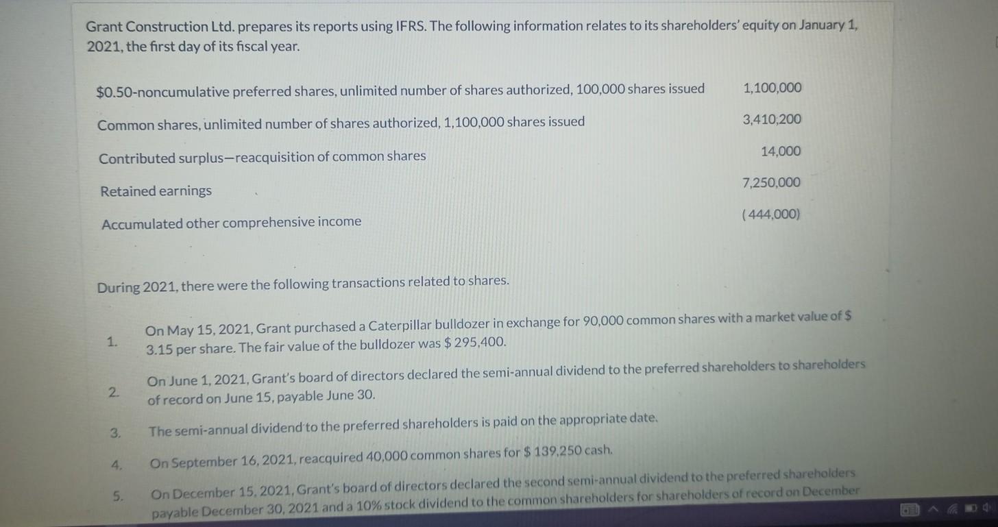  Grant Construction Ltd. prepares its reports using IFRS. The following information