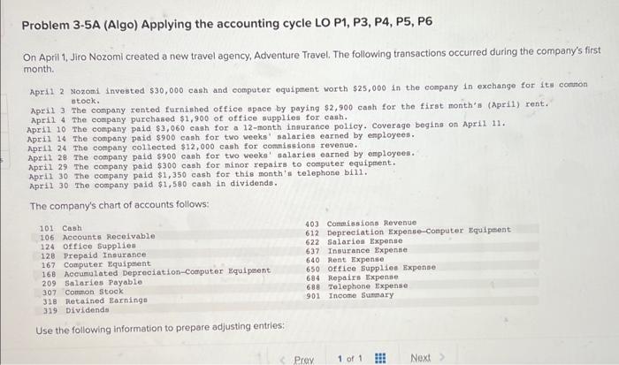  Problem 3-5A (Algo) Applying the accounting cycle LO P1, P3, P4,