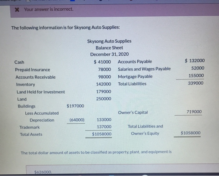 Total dollar amount for PP&E? X Your answer is incorrect. The following