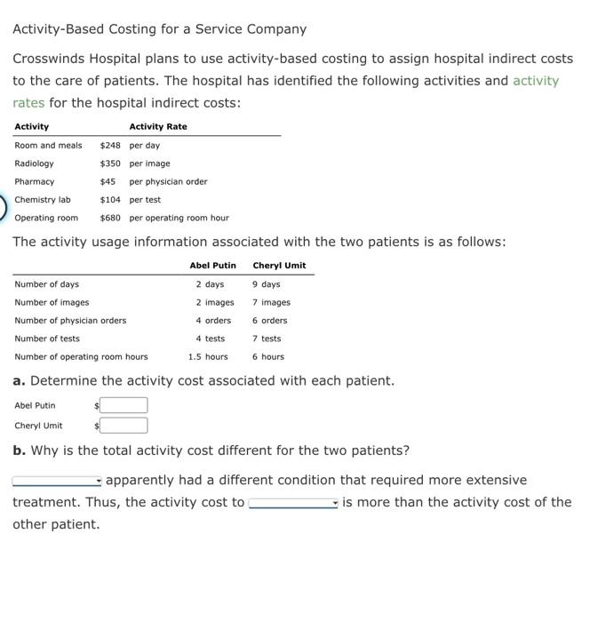 need help plz with accounting asap Activity-Based Costing for a Service Company
