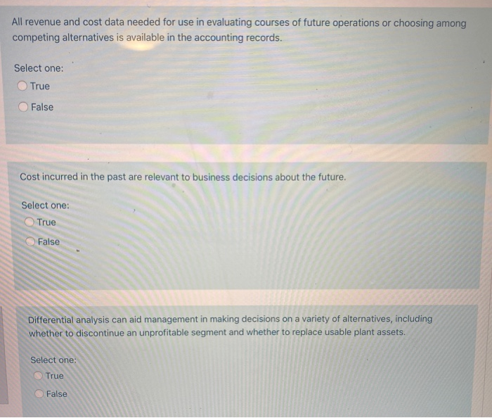  All revenue and cost data needed for use in evaluating courses