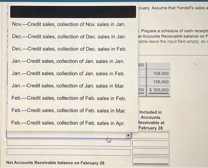 February. Assume that Yandell's sales are collected as follows: (Click the icon