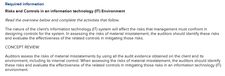 Required information Risks and Controls in an information technology (IT) Environment