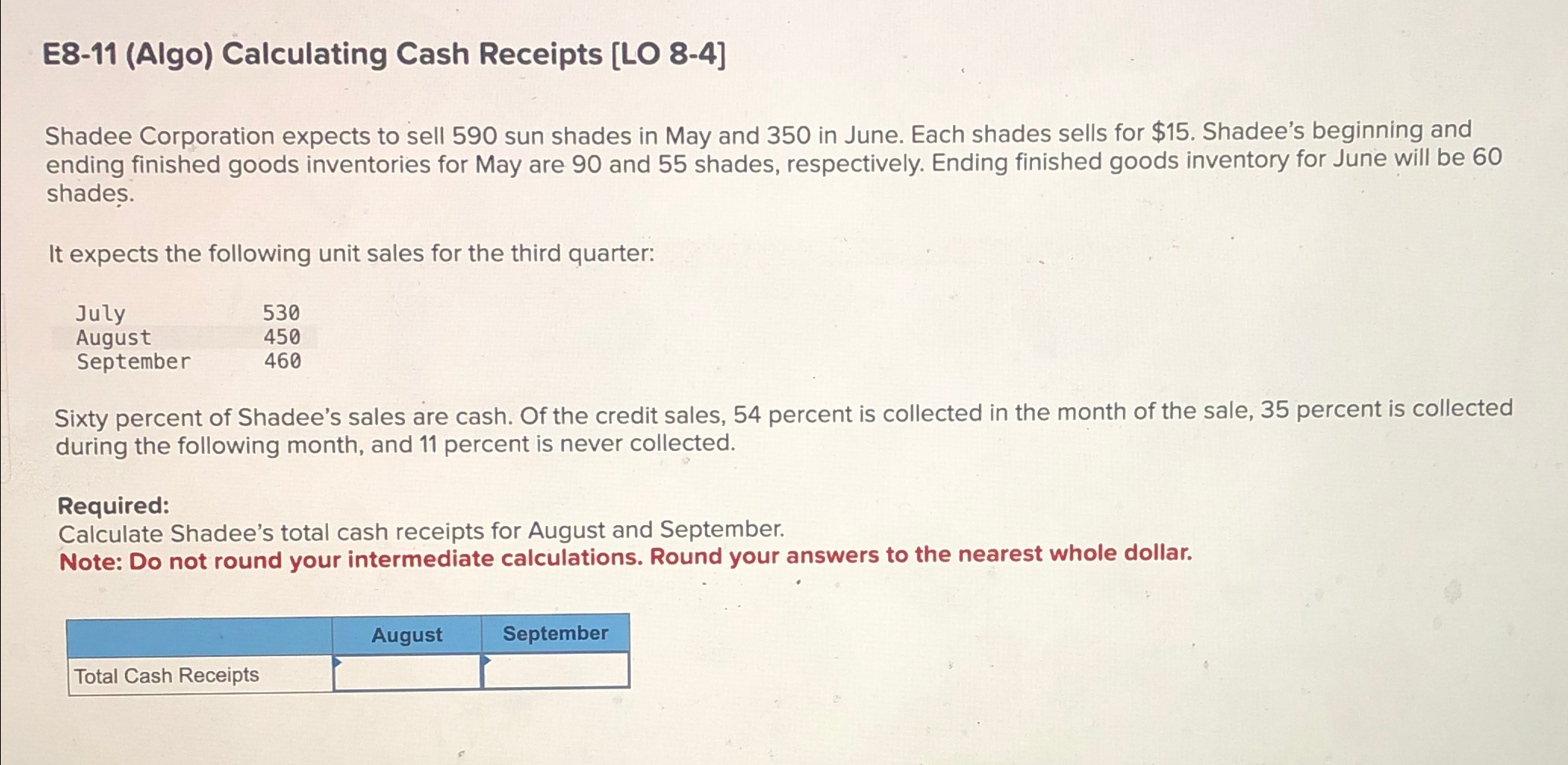  E8-11(Algo) Calculating Cash Receipts [LO 8-4] Shadee Corporation expects to sell
