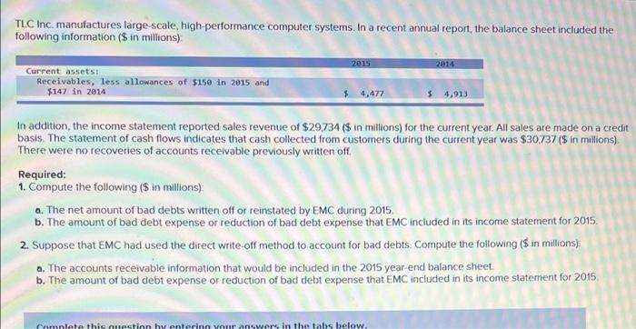  TLC Inc. manufactures large-scale, high-performance computer systems. In a recent annual