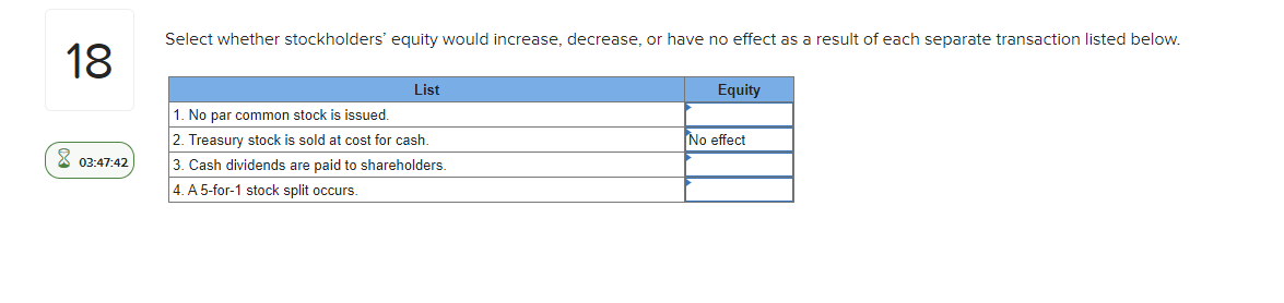  Select whether stockholders' equity would increase, decrease, or have no effect