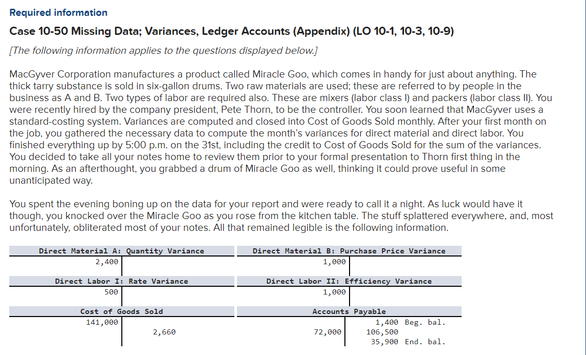 Required information Case 10-50 Missing Data; Variances, Ledger Accounts (Appendix) (LO
