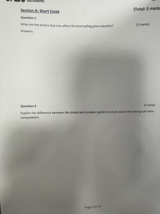  Section A: Short Essay (Total: 5 mark Question 1 What are